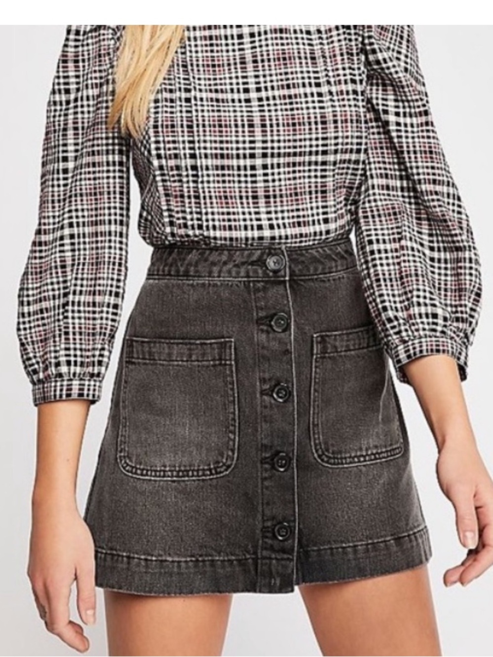 Don't Get Me Wrong Button Front Rigid Denim Skirt - Rocky Mountain Black - 29